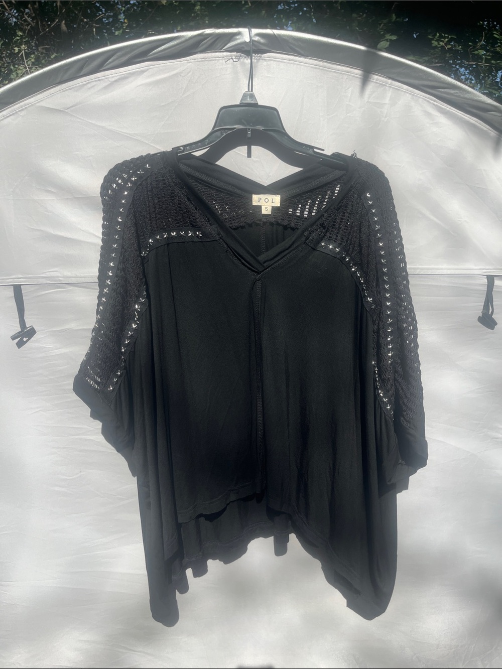 POL Black Crochet-Trim V-Neck Tunic Top